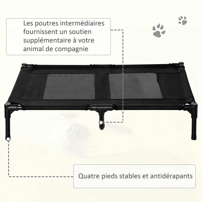 Lot de 2 lits sur pieds pour chien et chat 92 x 76 x 18 cm ventilation optimale confort moderne épuré en textilène noir 21_0007379
