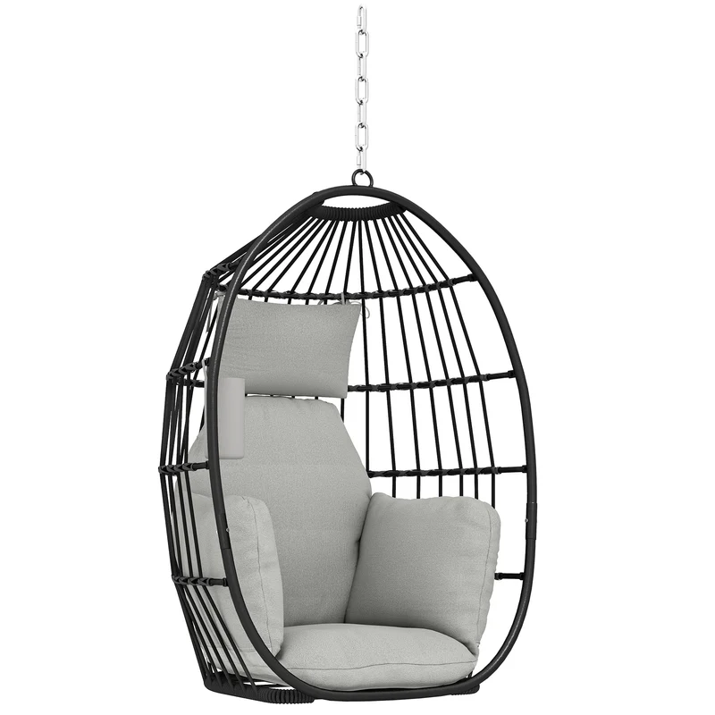 Fauteuil suspendu œuf 75 x 62 x 107 cm coussin 18 cm pliable contemporain ambiance cosy balcon en polyester gris foncé 21_0004534