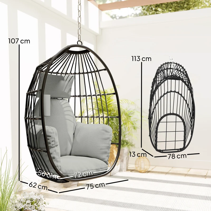 Fauteuil suspendu œuf 75 x 62 x 107 cm coussin 18 cm pliable contemporain ambiance cosy balcon en polyester gris foncé 21_0004534