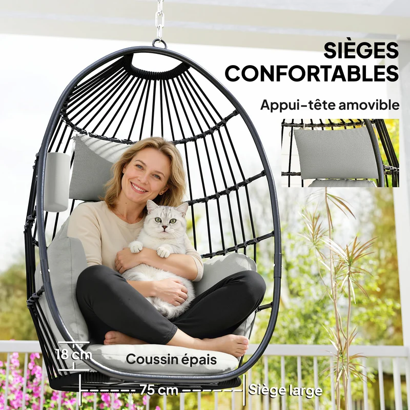 Fauteuil suspendu œuf 75 x 62 x 107 cm coussin 18 cm pliable contemporain ambiance cosy balcon en polyester gris foncé 21_0004534