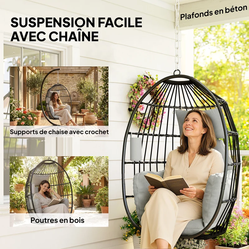 Fauteuil suspendu œuf 75 x 62 x 107 cm coussin 18 cm pliable contemporain ambiance cosy balcon en polyester gris foncé 21_0004534