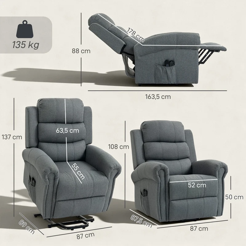 Fauteuil releveur électrique 87 x 87.50 x 108 cm massage chauffant assise rembourrée contemporain en polyester gris 21_0000815