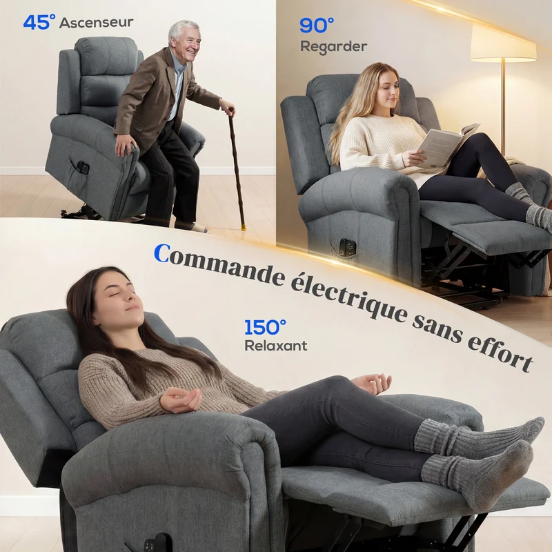 Fauteuil releveur électrique 87 x 87.50 x 108 cm massage chauffant assise rembourrée contemporain en polyester gris 21_0000815
