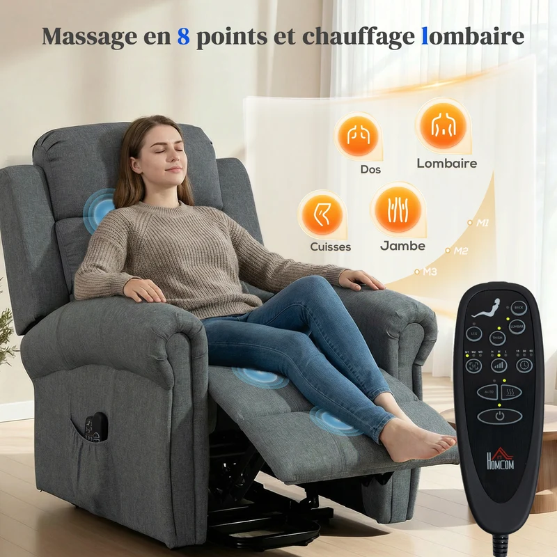 Fauteuil releveur électrique 87 x 87.50 x 108 cm massage chauffant assise rembourrée contemporain en polyester gris 21_0000815