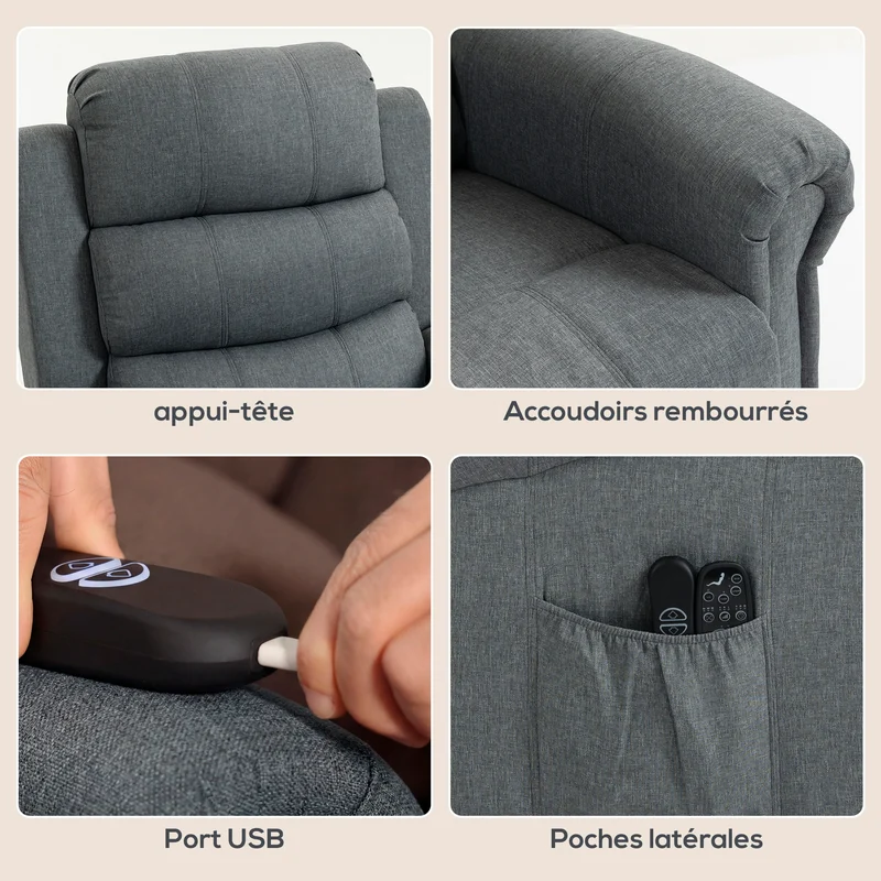 Fauteuil releveur électrique 87 x 87.50 x 108 cm massage chauffant assise rembourrée contemporain en polyester gris 21_0000815