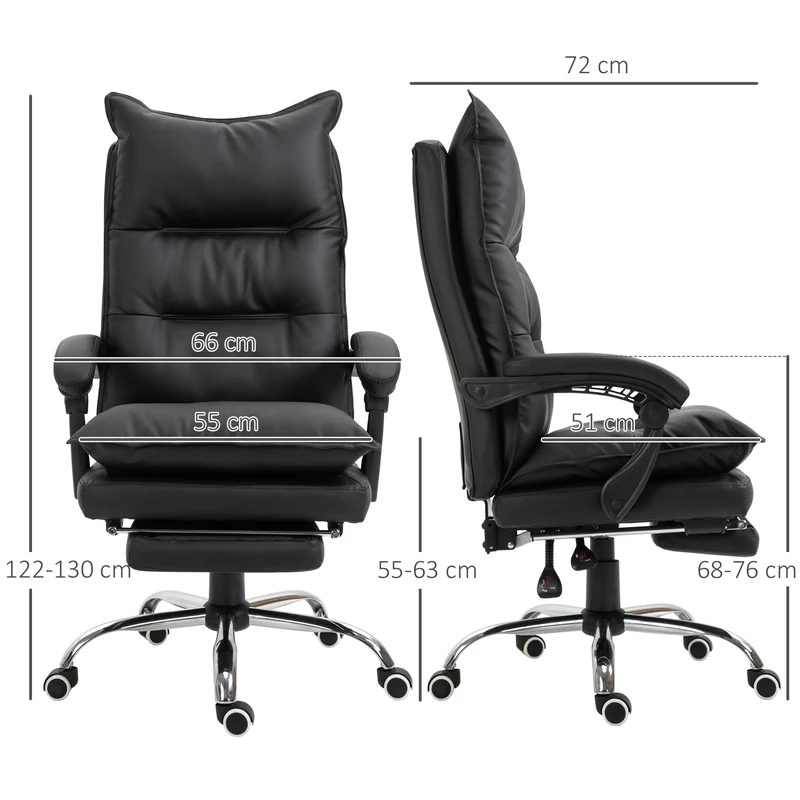 Fauteuil de bureau ergonomique 66 x 72 x 122-130 cm assise rembourrée repose-pieds réglable contemporain en PU noir 21_0006192
