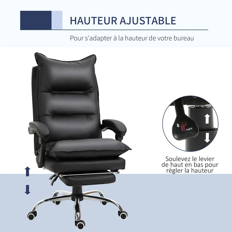 Fauteuil de bureau ergonomique 66 x 72 x 122-130 cm assise rembourrée repose-pieds réglable contemporain en PU noir 21_0006192