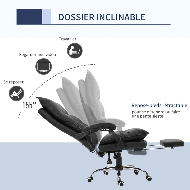 Fauteuil de bureau ergonomique 66 x 72 x 122-130 cm assise rembourrée repose-pieds réglable contemporain en PU noir 21_0006192