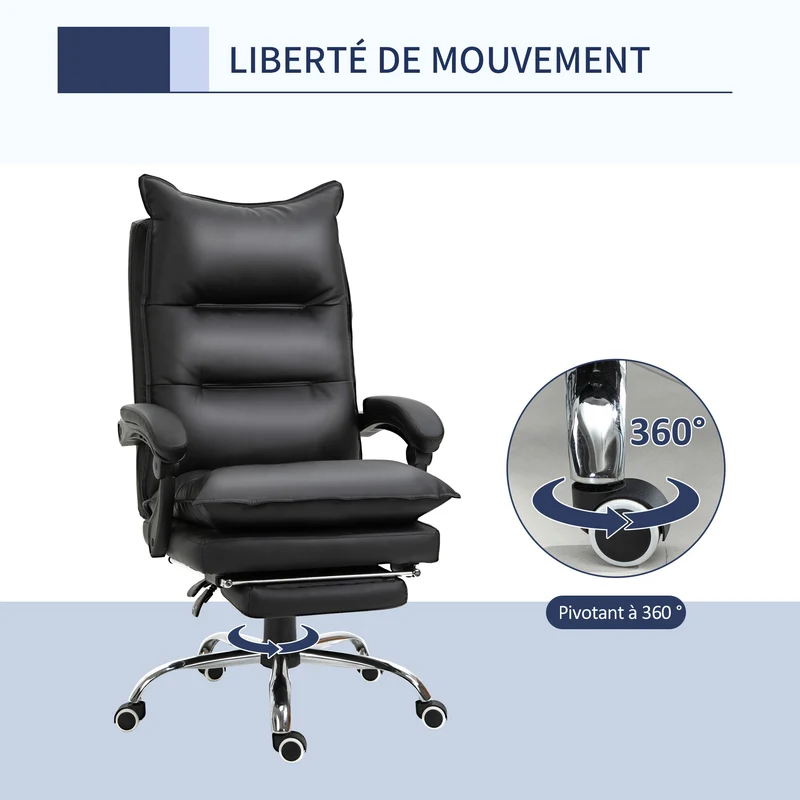 Fauteuil de bureau ergonomique 66 x 72 x 122-130 cm assise rembourrée repose-pieds réglable contemporain en PU noir 21_0006192