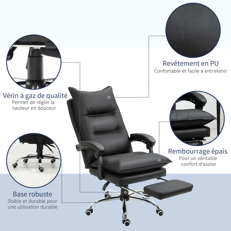 Fauteuil de bureau ergonomique 66 x 72 x 122-130 cm assise rembourrée repose-pieds réglable contemporain en PU noir 21_0006192