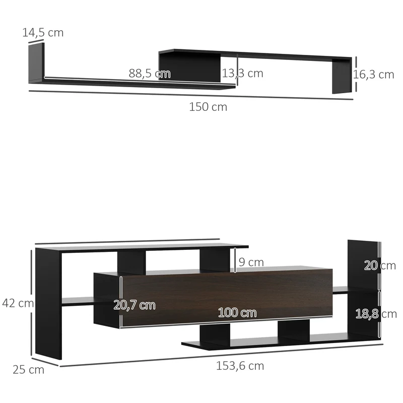 Ensemble meuble tv banc avec étagère murale 153,6 x 25 x 42 cm rangement design moderne en panneau de particules noir 21_0003075