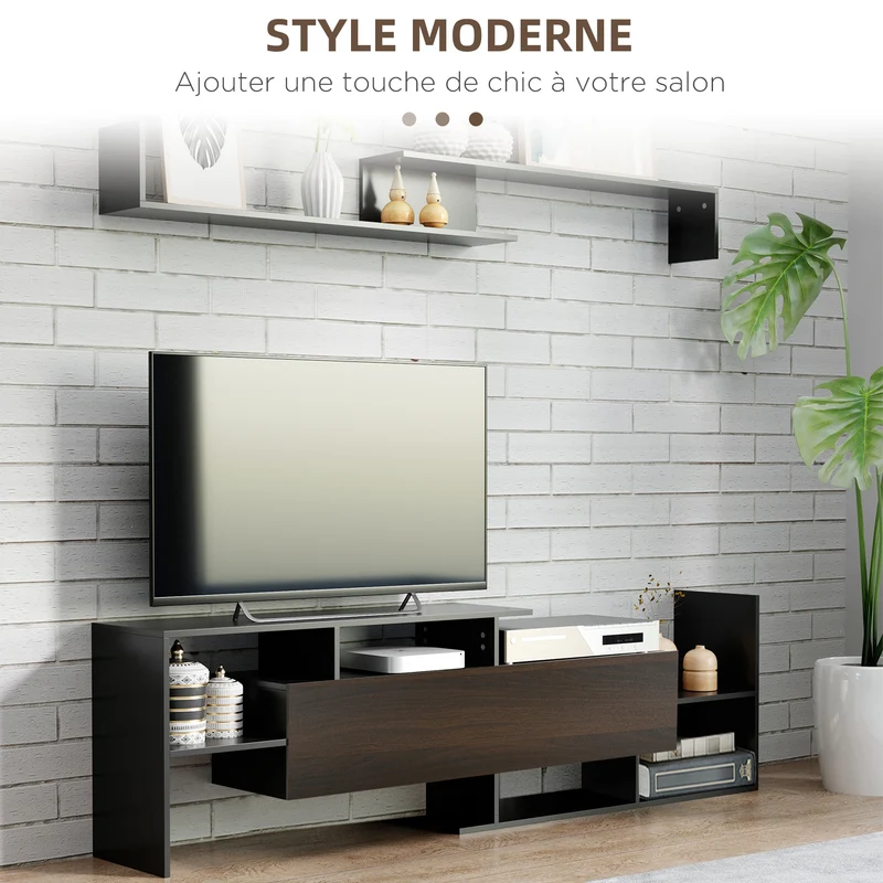 Ensemble meuble tv banc avec étagère murale 153,6 x 25 x 42 cm rangement design moderne en panneau de particules noir 21_0003075