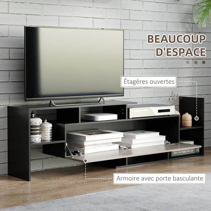 Ensemble meuble tv banc avec étagère murale 153,6 x 25 x 42 cm rangement design moderne en panneau de particules noir 21_0003075