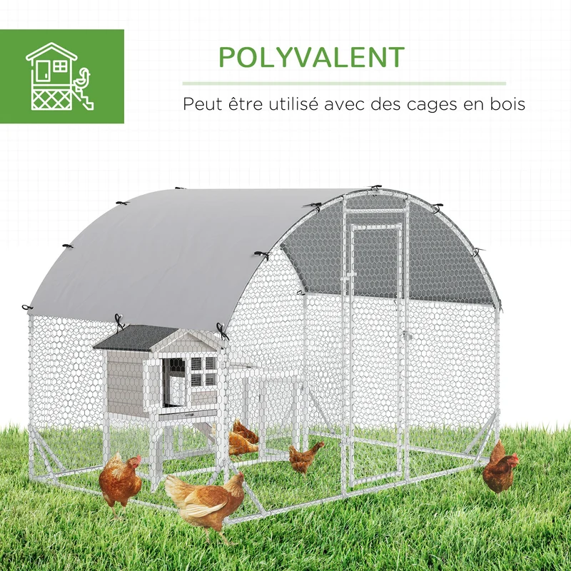 Enclos poulailler extérieur 280 x 190 x 197 cm toit anti-uv porte verrouillable industriel en acier galvanisé argent 21_0007944