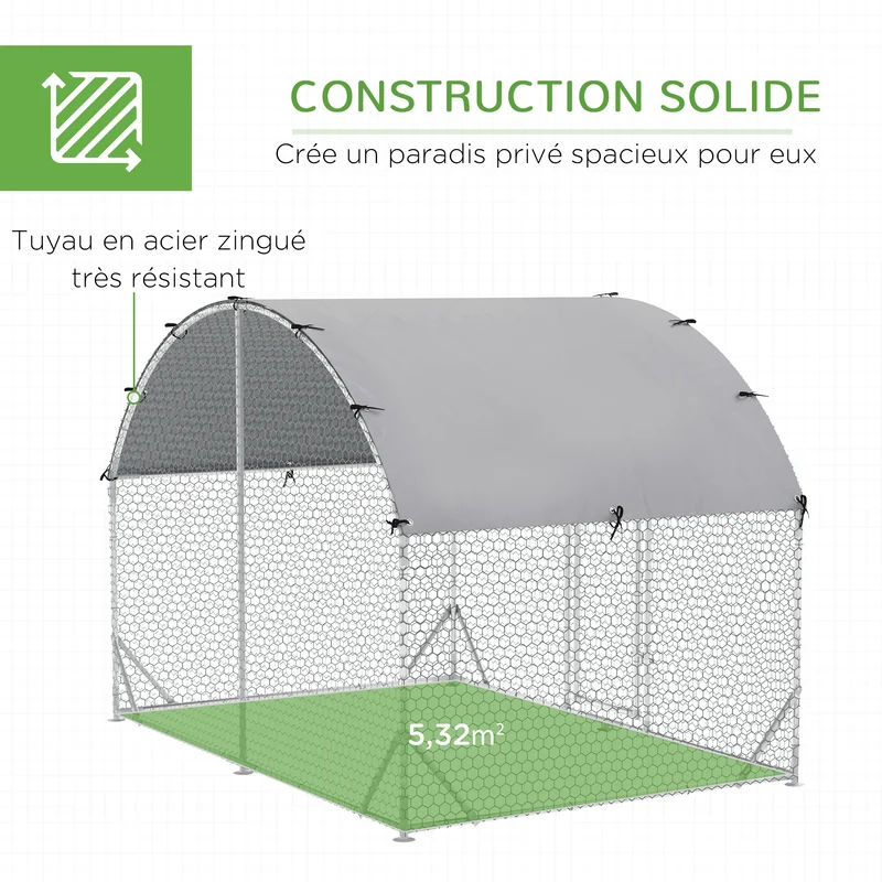 Enclos poulailler extérieur 280 x 190 x 197 cm toit anti-uv porte verrouillable industriel en acier galvanisé argent 21_0007944