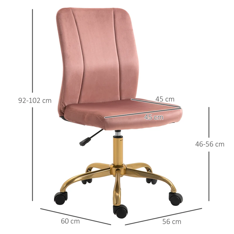 Chaise de bureau pivotante 360° dossier incurvé 56 x 60 x 92-102 cm assise réglable design contemporain en velours rose 21_0006213