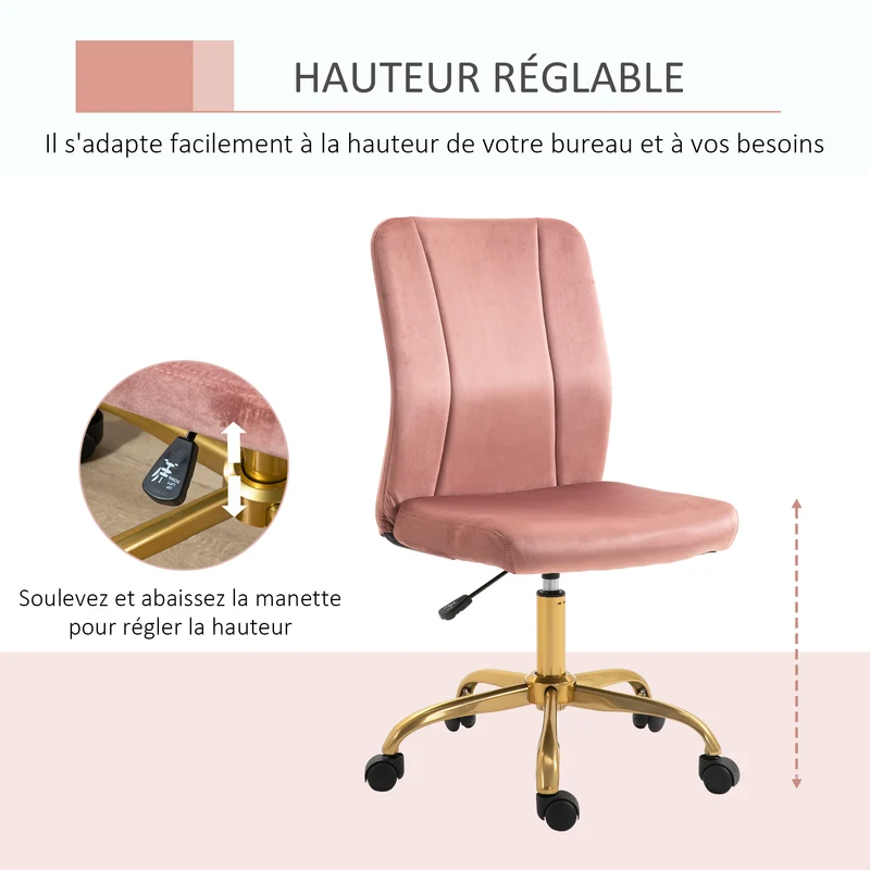 Chaise de bureau pivotante 360° dossier incurvé 56 x 60 x 92-102 cm assise réglable design contemporain en velours rose 21_0006213