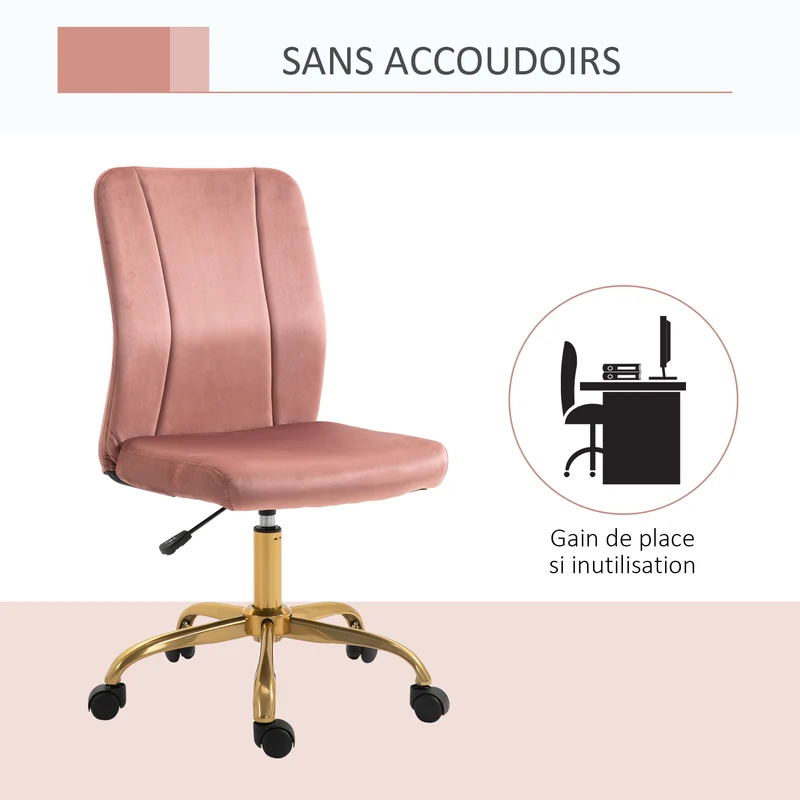 Chaise de bureau pivotante 360° dossier incurvé 56 x 60 x 92-102 cm assise réglable design contemporain en velours rose 21_0006213