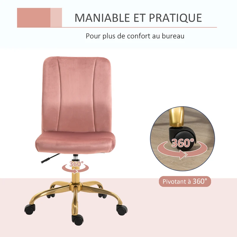 Chaise de bureau pivotante 360° dossier incurvé 56 x 60 x 92-102 cm assise réglable design contemporain en velours rose 21_0006213