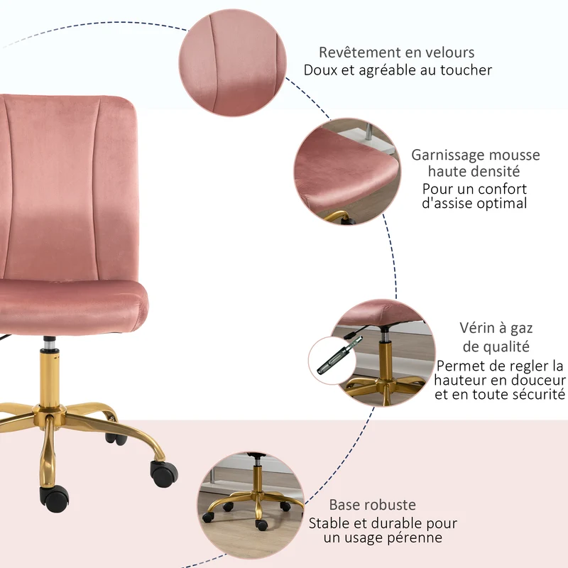 Chaise de bureau pivotante 360° dossier incurvé 56 x 60 x 92-102 cm assise réglable design contemporain en velours rose 21_0006213