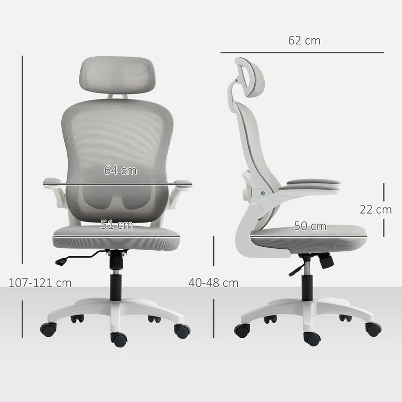 Chaise de bureau ergonomique 64 x 62 x 107-115 cm soutien lombaire réglable appui-tête pivotant moderne en maille gris 21_0006312