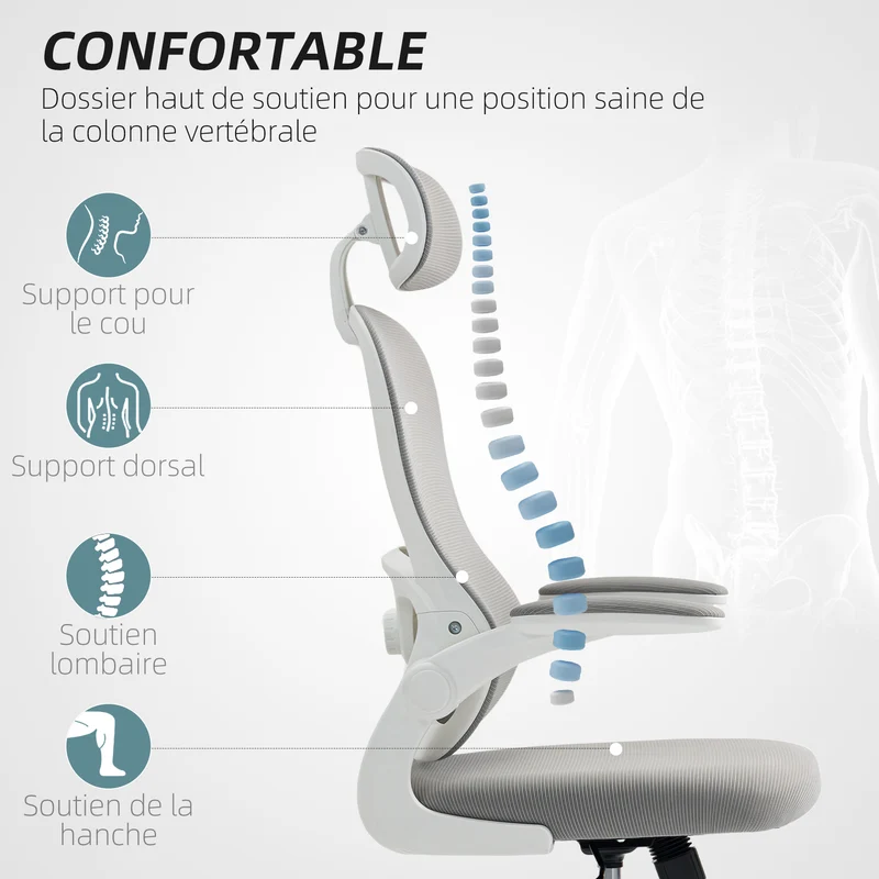 Chaise de bureau ergonomique 64 x 62 x 107-115 cm soutien lombaire réglable appui-tête pivotant moderne en maille gris 21_0006312