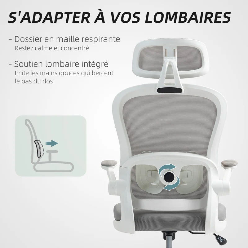 Chaise de bureau ergonomique 64 x 62 x 107-115 cm soutien lombaire réglable appui-tête pivotant moderne en maille gris 21_0006312