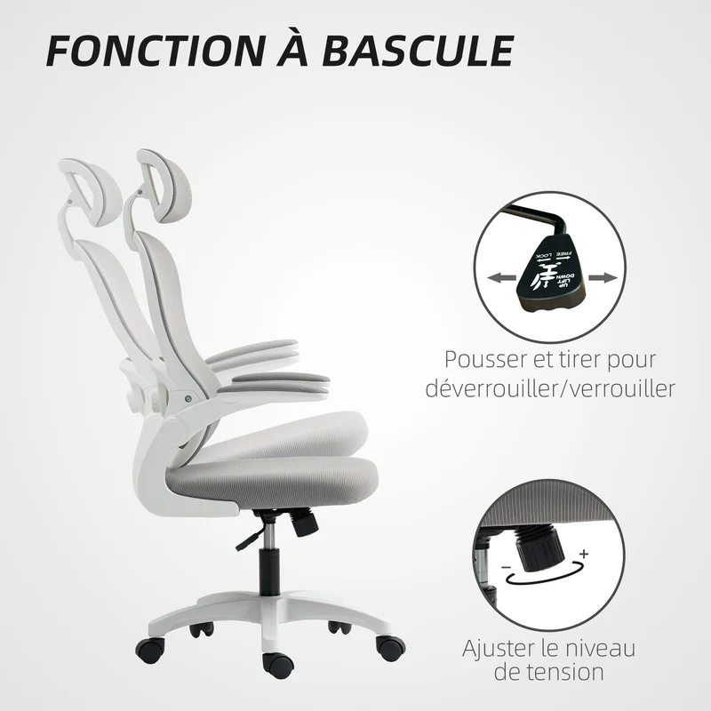 Chaise de bureau ergonomique 64 x 62 x 107-115 cm soutien lombaire réglable appui-tête pivotant moderne en maille gris 21_0006312