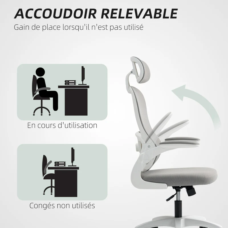 Chaise de bureau ergonomique 64 x 62 x 107-115 cm soutien lombaire réglable appui-tête pivotant moderne en maille gris 21_0006312