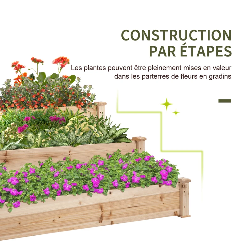 Carré potager surélevé en escalier 124 x 124 x 56 cm optimise exposition et croissance racines rustique en bois naturel 21_0004191