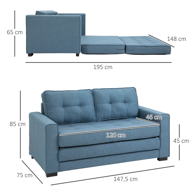 Canapé droit convertible 2 places 147 x 75 x 85 cm assise confortable dossier capitonné contemporain en polyester bleu 21_0003052
