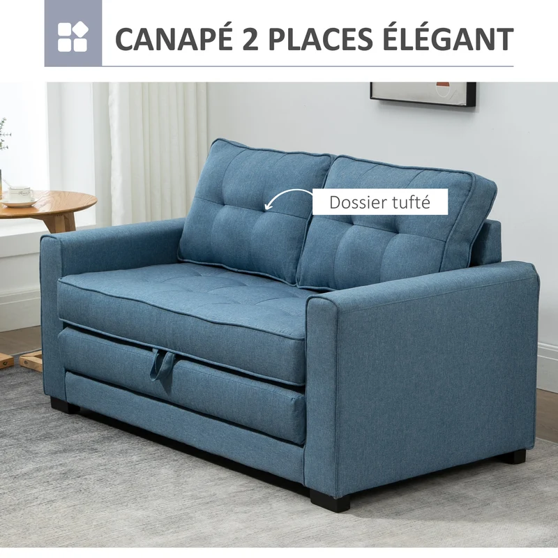 Canapé droit convertible 2 places 147 x 75 x 85 cm assise confortable dossier capitonné contemporain en polyester bleu 21_0003052