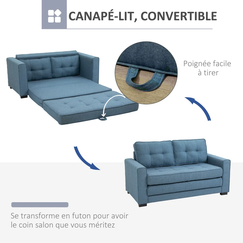 Canapé droit convertible 2 places 147 x 75 x 85 cm assise confortable dossier capitonné contemporain en polyester bleu 21_0003052