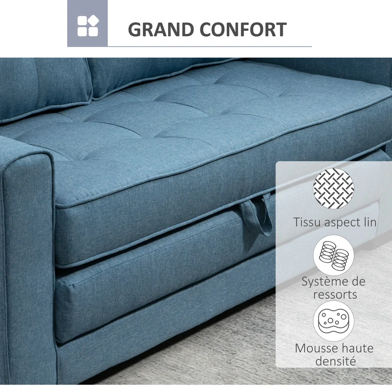Canapé droit convertible 2 places 147 x 75 x 85 cm assise confortable dossier capitonné contemporain en polyester bleu 21_0003052