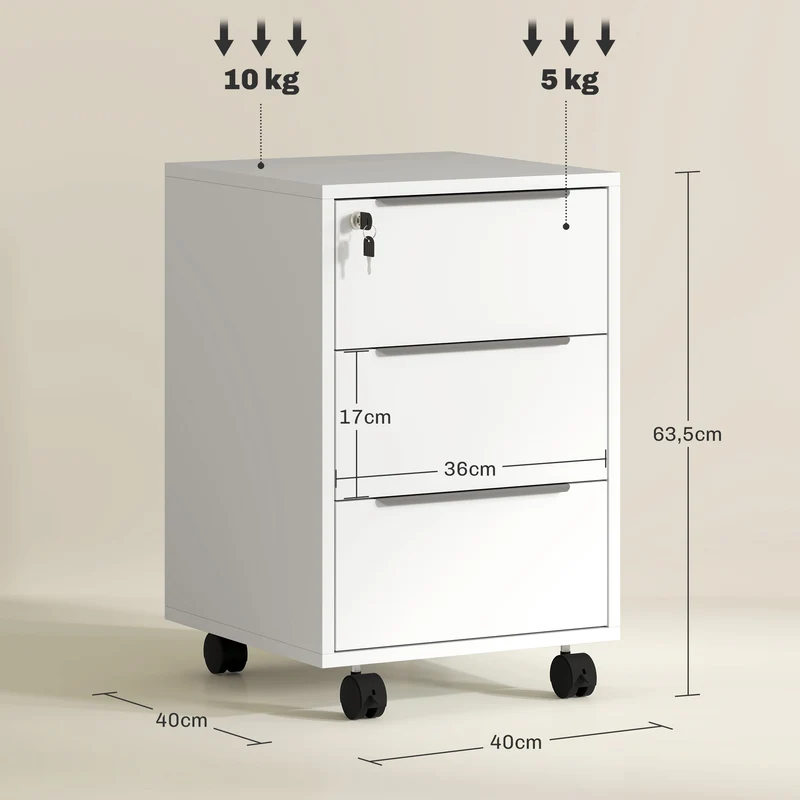 Caisson de bureau à roulettes 40 x 40 x 63,5 cm 3 tiroirs avec serrure plateau pratique mobile design épuré en MDF blanc 21_0002457