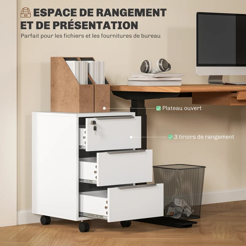 Caisson de bureau à roulettes 40 x 40 x 63,5 cm 3 tiroirs avec serrure plateau pratique mobile design épuré en MDF blanc 21_0002457