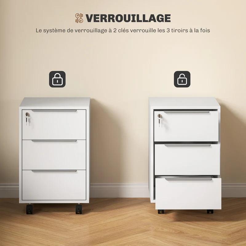 Caisson de bureau à roulettes 40 x 40 x 63,5 cm 3 tiroirs avec serrure plateau pratique mobile design épuré en MDF blanc 21_0002457