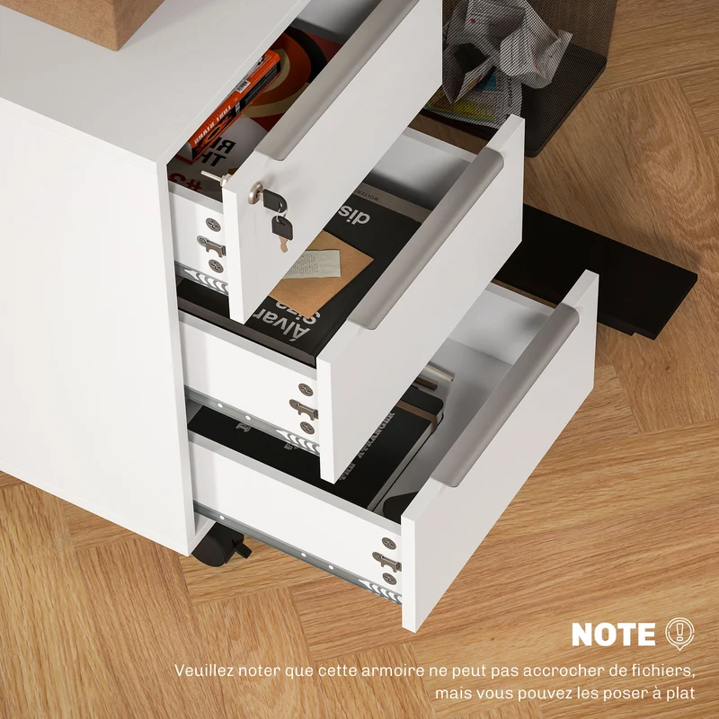Caisson de bureau à roulettes 40 x 40 x 63,5 cm 3 tiroirs avec serrure plateau pratique mobile design épuré en MDF blanc 21_0002457