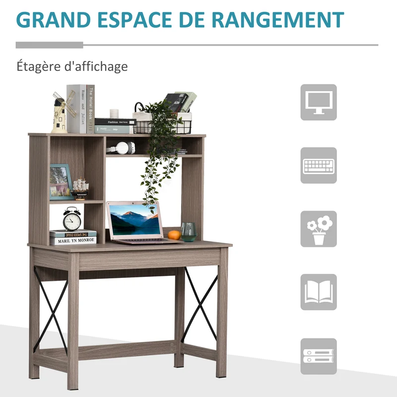 Bureau bibliothèque gain de place 105 x 50 x 137,5 cm plateau rangement contemporain en panneaux de particules marron 21_0002460