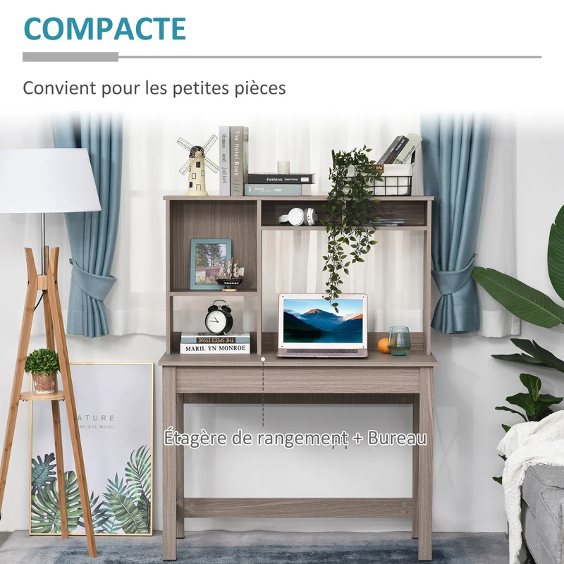 Bureau bibliothèque gain de place 105 x 50 x 137,5 cm plateau rangement contemporain en panneaux de particules marron 21_0002460