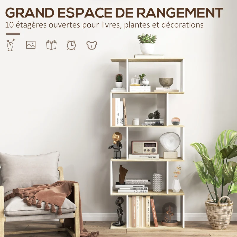 Bibliothèque étroite rangement salon 70 x 29,5 x 163 cm compacte pratique anti basculement scandinave en mélamine blanc 21_0002493