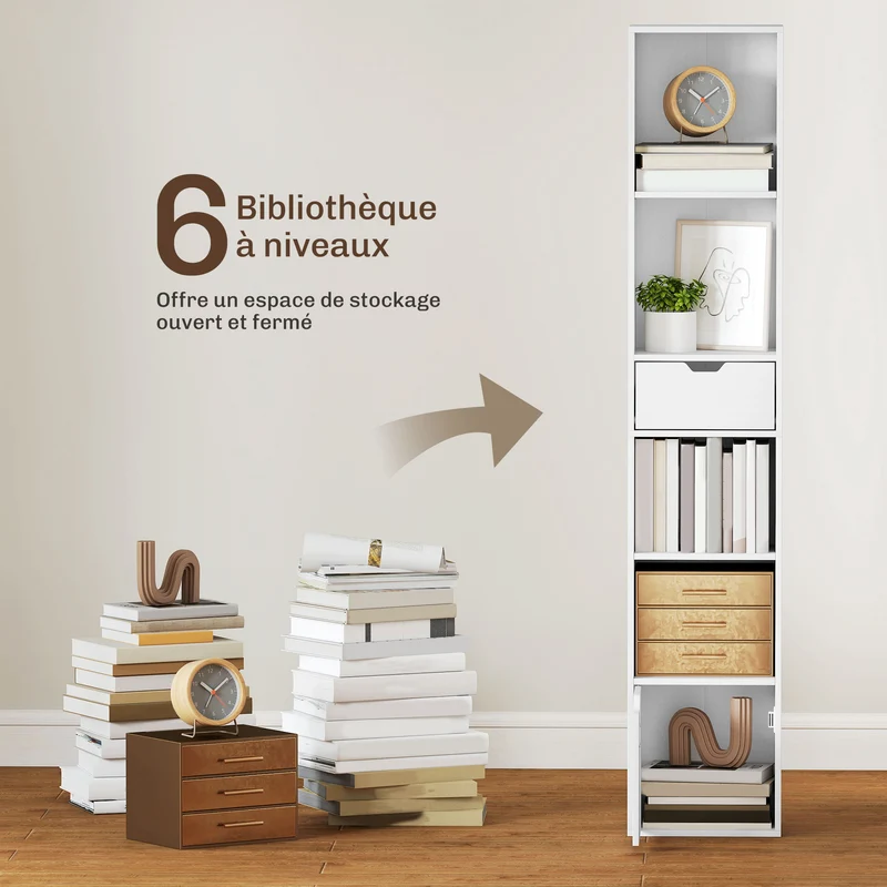 Bibliothèque étroite 30 x 24 x 158 cm gain de place sécurité antibasculement design épuré en panneau de particules blanc 21_0002553
