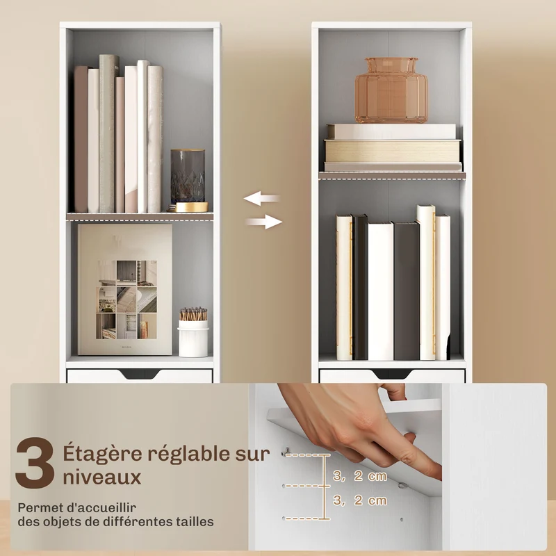 Bibliothèque étroite 30 x 24 x 158 cm gain de place sécurité antibasculement design épuré en panneau de particules blanc 21_0002553