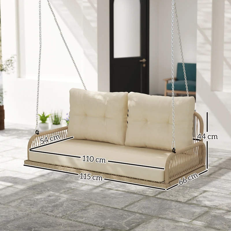 Banc suspendu extérieur 115 x 66 x 44 cm assise 2 places coussins lavables scandinave jardin en résine tressée beige 21_0006073