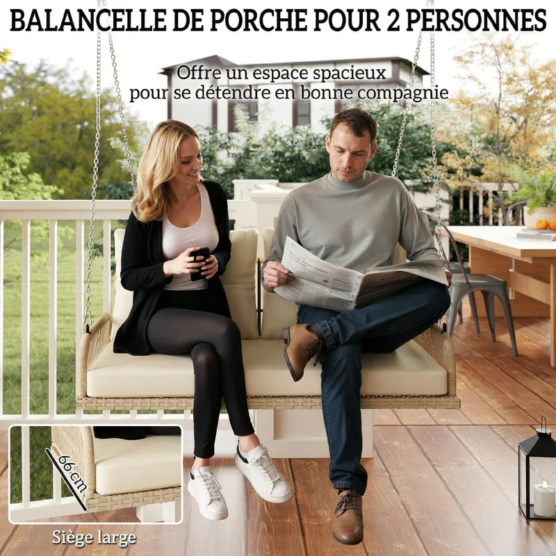 Banc suspendu extérieur 115 x 66 x 44 cm assise 2 places coussins lavables scandinave jardin en résine tressée beige 21_0006073