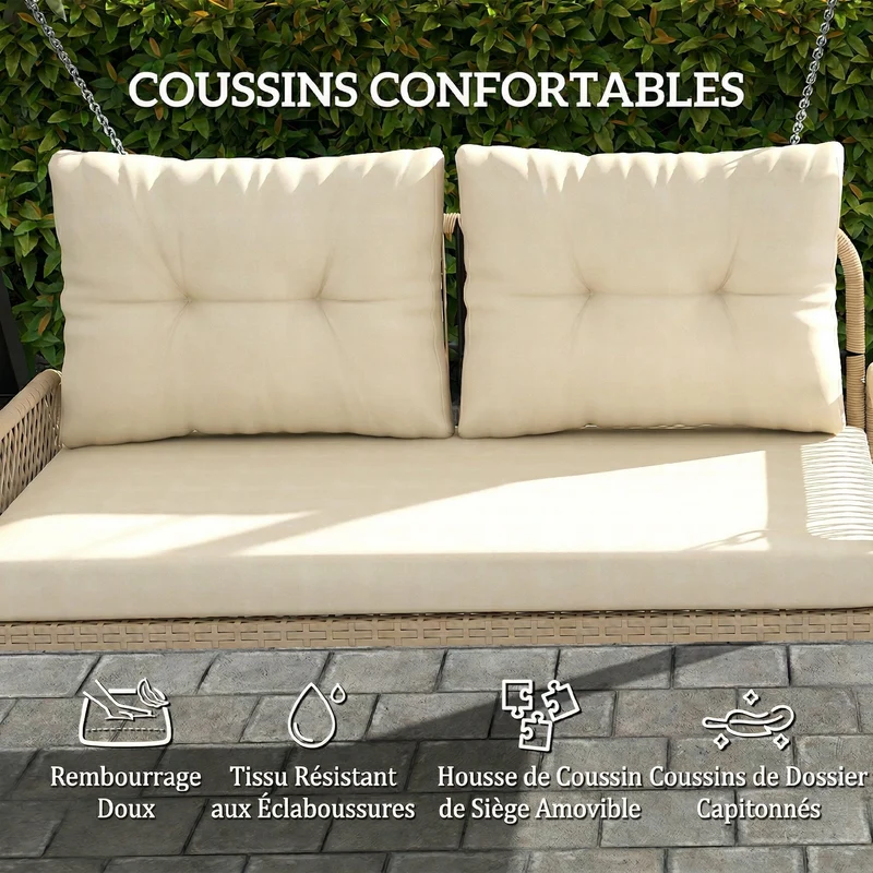 Banc suspendu extérieur 115 x 66 x 44 cm assise 2 places coussins lavables scandinave jardin en résine tressée beige 21_0006073