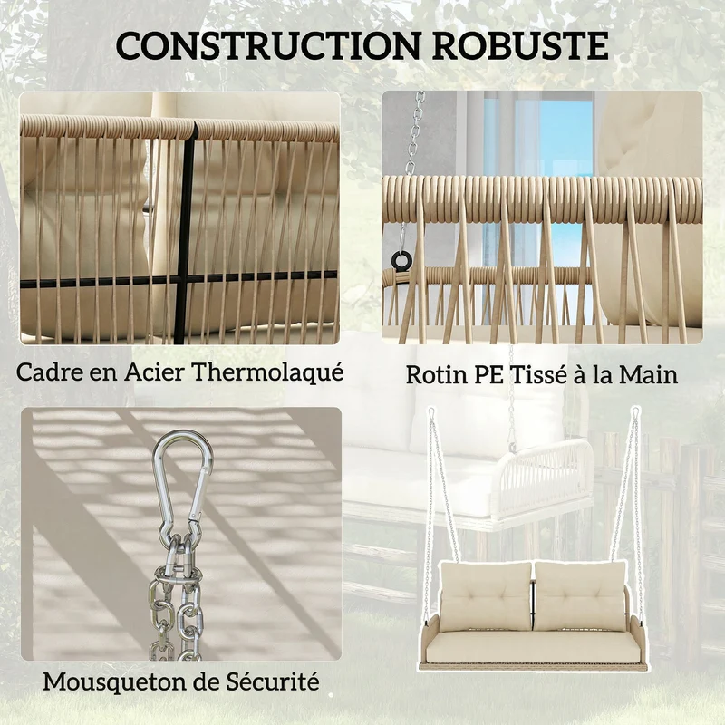 Banc suspendu extérieur 115 x 66 x 44 cm assise 2 places coussins lavables scandinave jardin en résine tressée beige 21_0006073