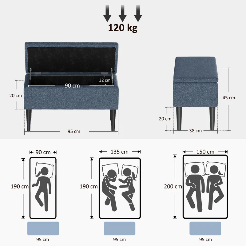 Banc de rangement coffre entrée 95 x 38 x 45 cm assise rembourrée rangement discret moderne épuré en tissu bouclette bleu 21_0002914