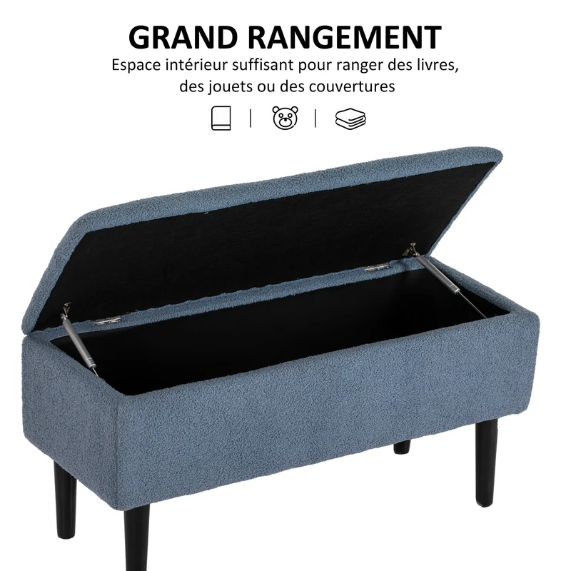Banc de rangement coffre entrée 95 x 38 x 45 cm assise rembourrée rangement discret moderne épuré en tissu bouclette bleu 21_0002914