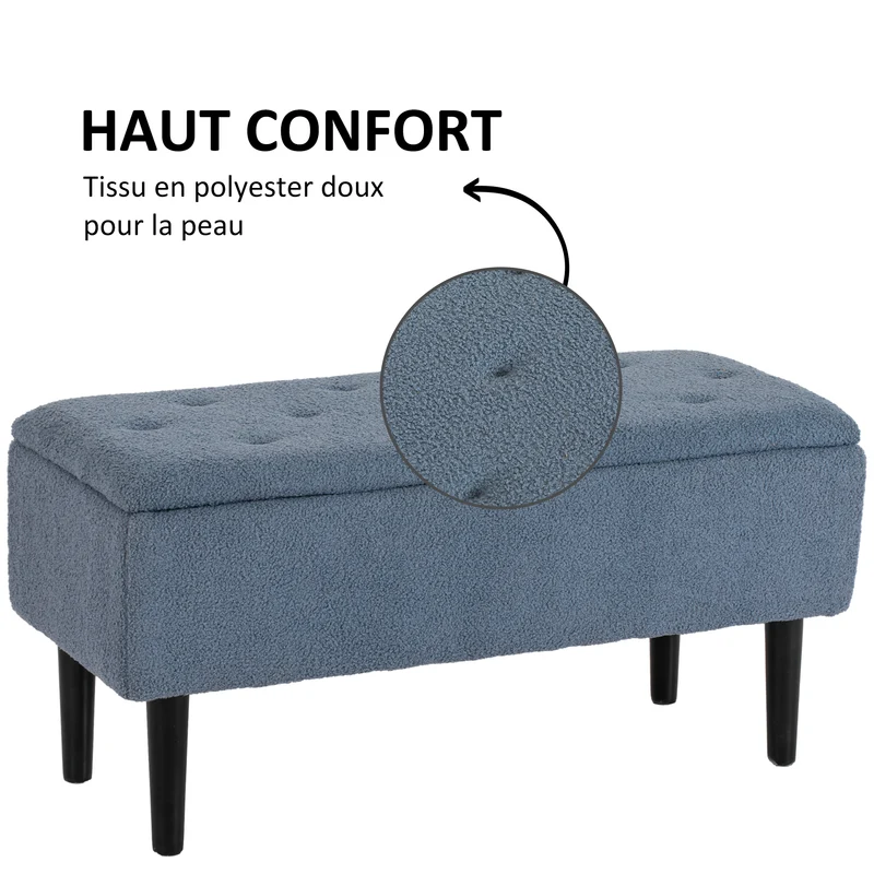 Banc de rangement coffre entrée 95 x 38 x 45 cm assise rembourrée rangement discret moderne épuré en tissu bouclette bleu 21_0002914